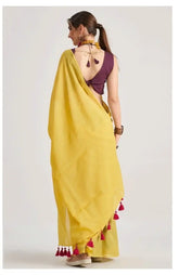 India Silk Yellow Sarees Crafted From Soft Viscose Mul Fabric Offer A Perfect Blend Of Comfort And Elegance